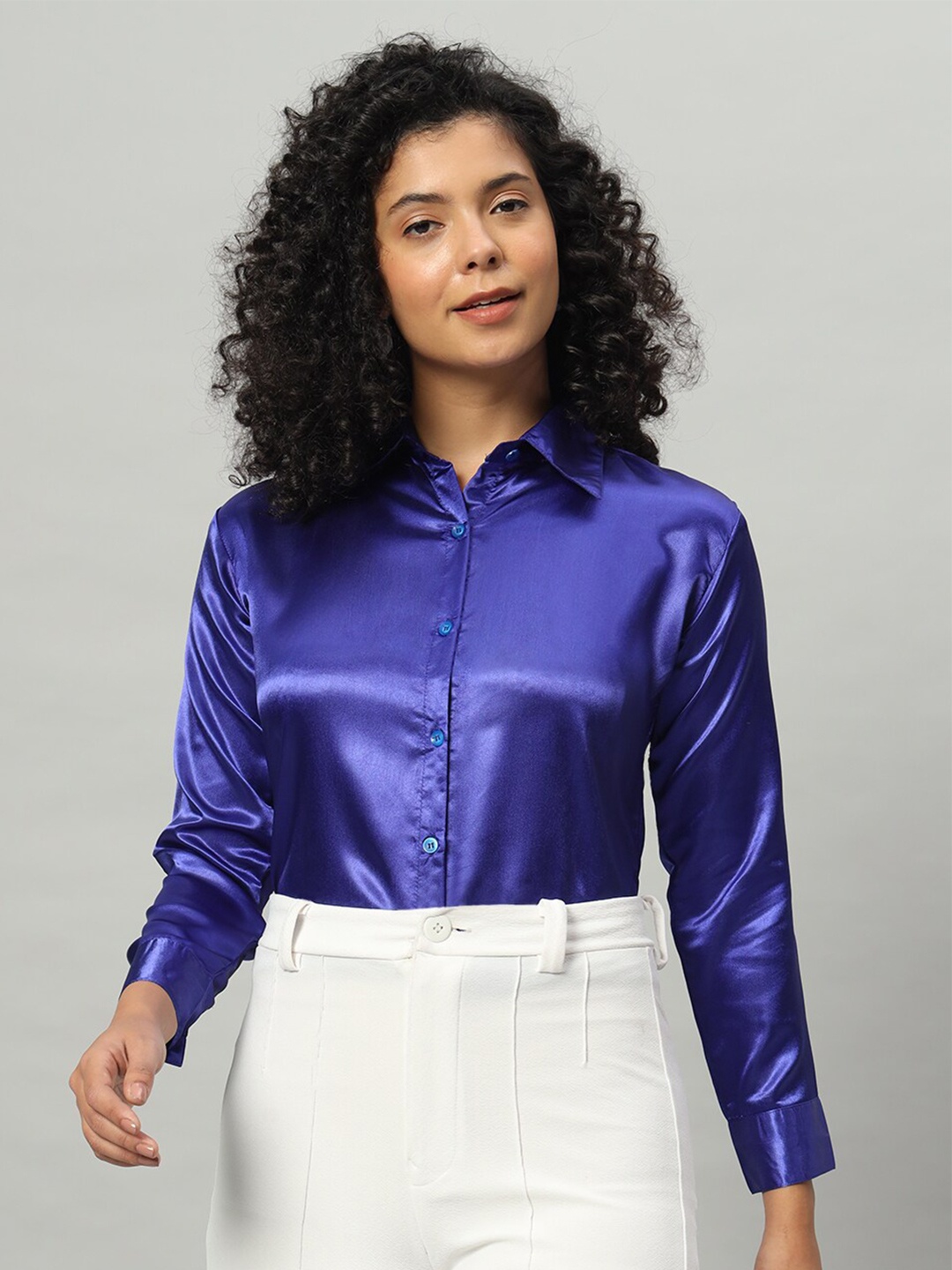 

Funday Fashion Spread Collar Satin Casual Shirt, Blue