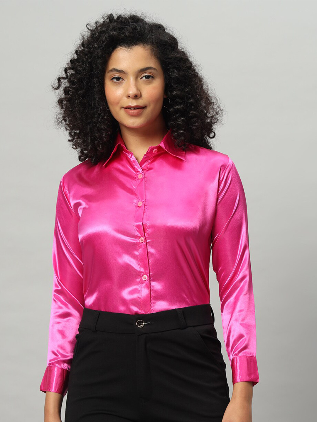 

Funday Fashion Spread Collar Satin Casual Shirt, Pink