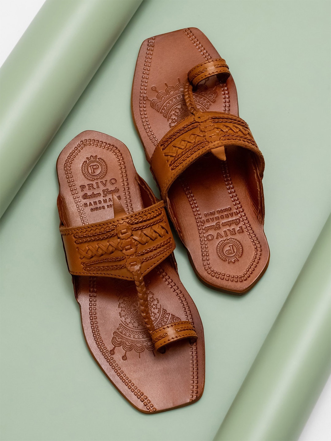 

PRIVO by Inc.5 Men Ethnic Kolhapuris Leather Comfort Sandals, Tan