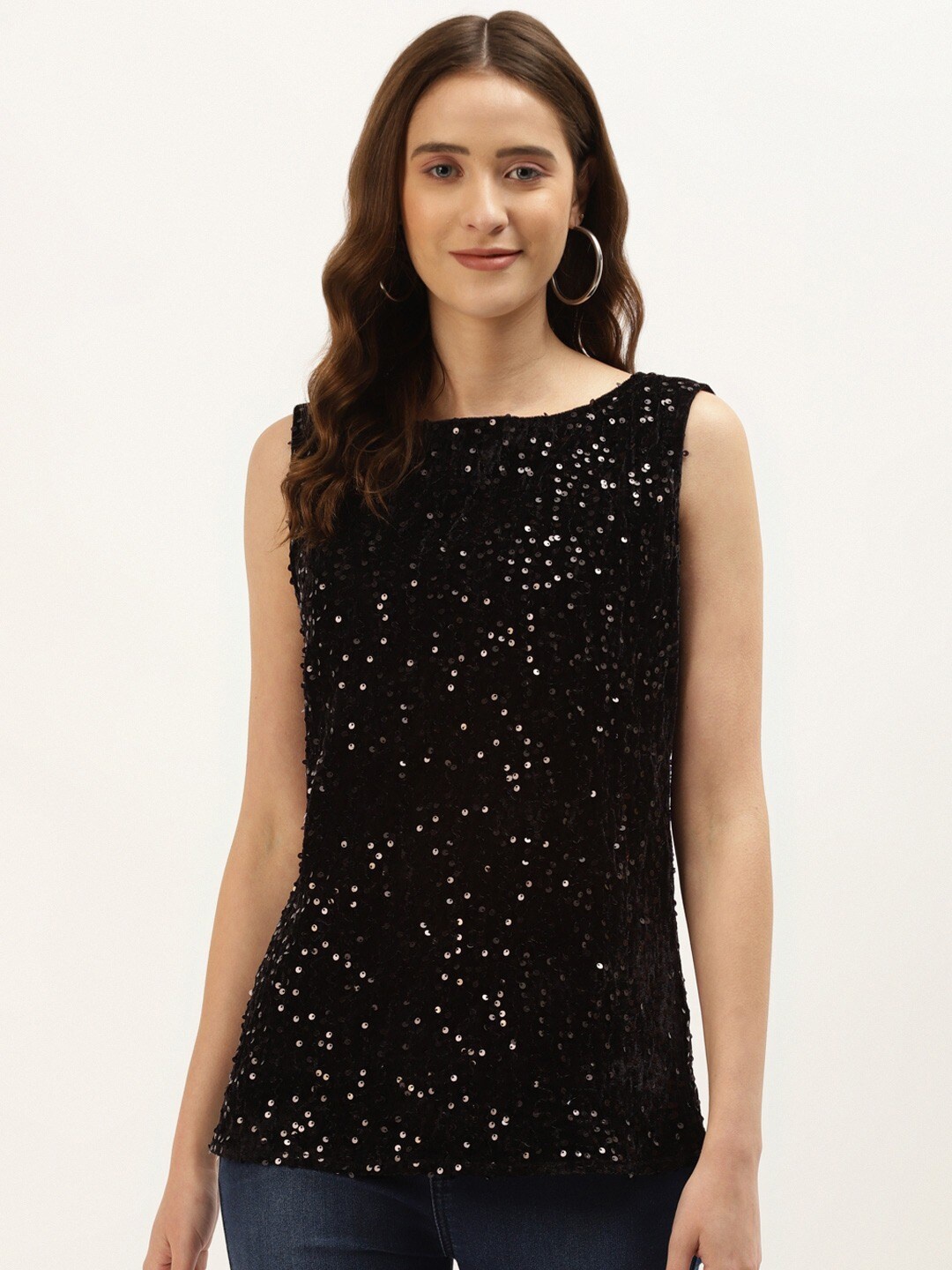 

urSense Embellished Boat Neck Sleeveless Georgette Top, Black