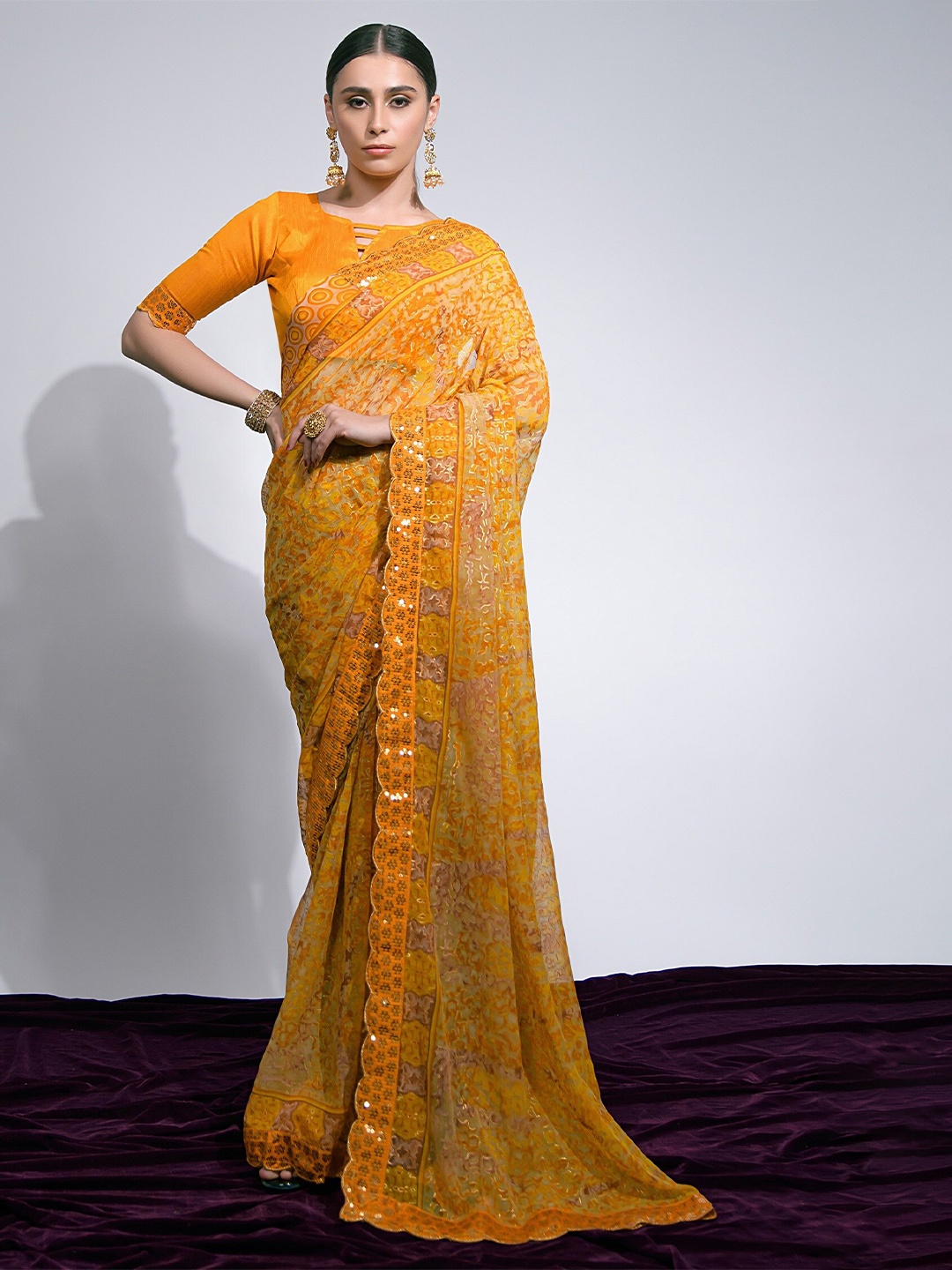 

Mitera Abstract Printed Embroidered Sequinned Saree, Yellow