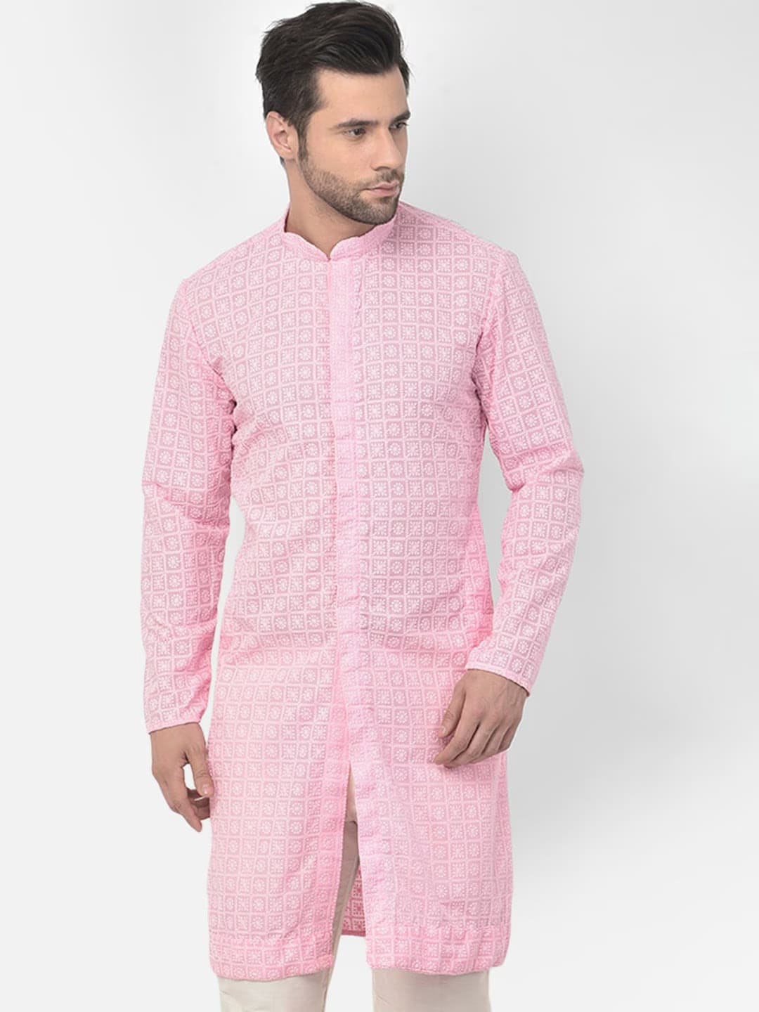 

DEYANN Ethnic Motifs Embroidered Thread Work Chikankari Pure Cotton Straight Kurta, Pink