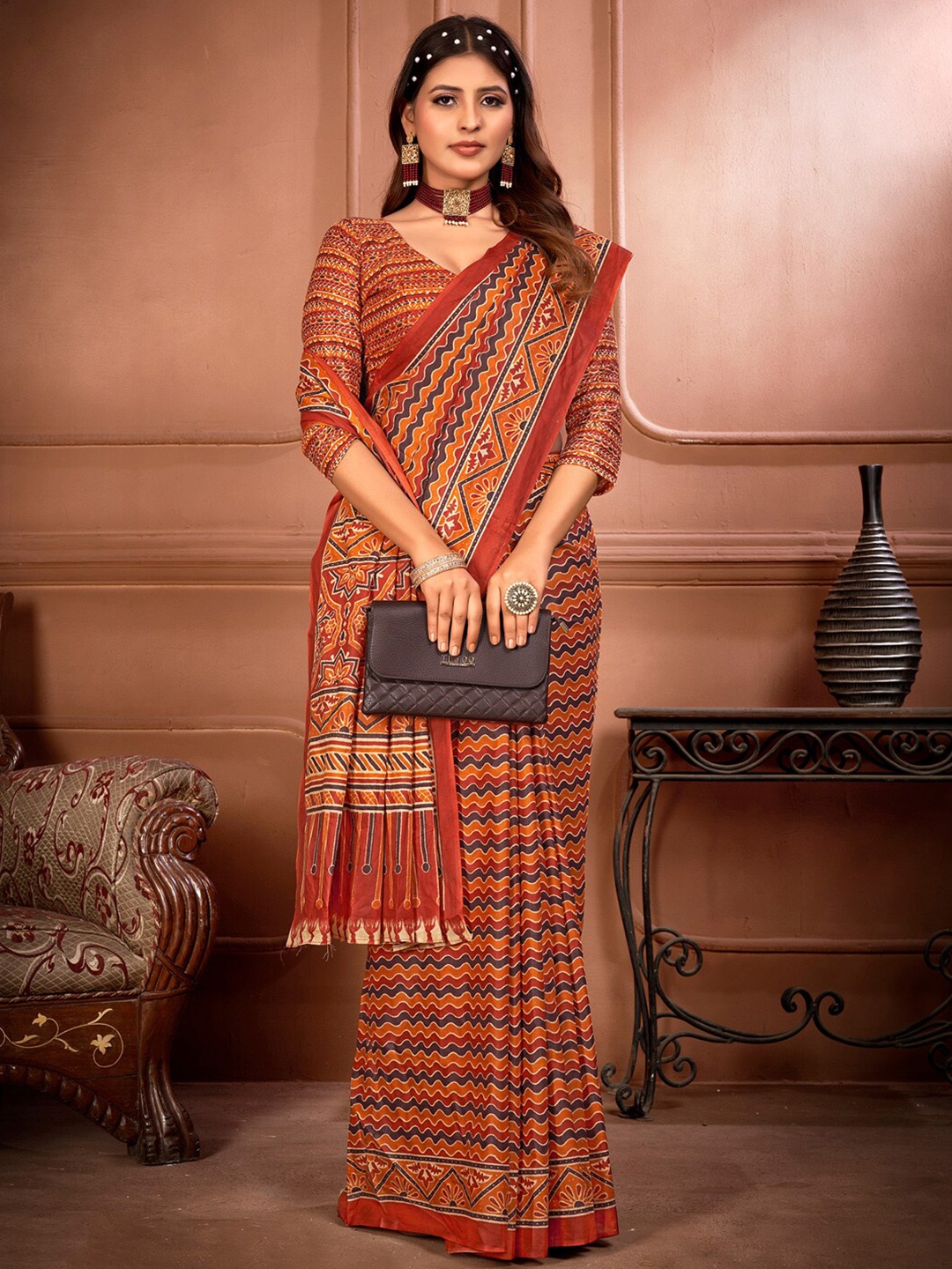 

KALINI Ethnic Motifs Printed Poly Cotton Saree, Orange