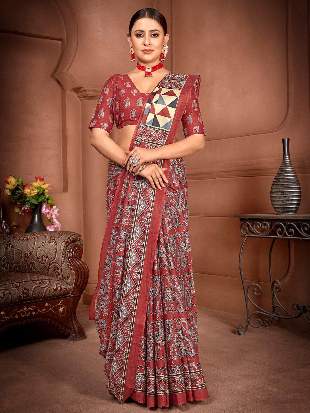 

KALINI Ethnic Motifs Printed Poly Cotton Saree, Brown