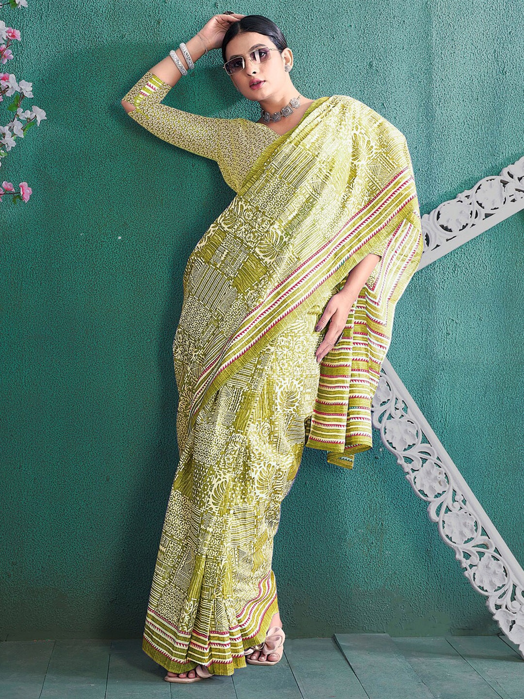 

KALINI Ethnic Motifs Printed Poly Cotton Saree, Olive