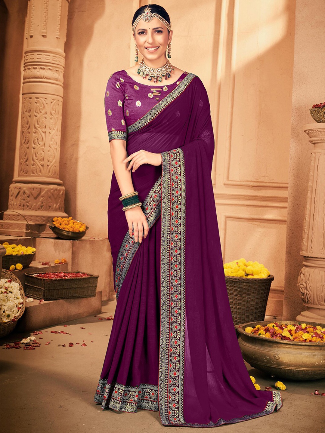 KALINI Poly Georgette Saree, Magenta