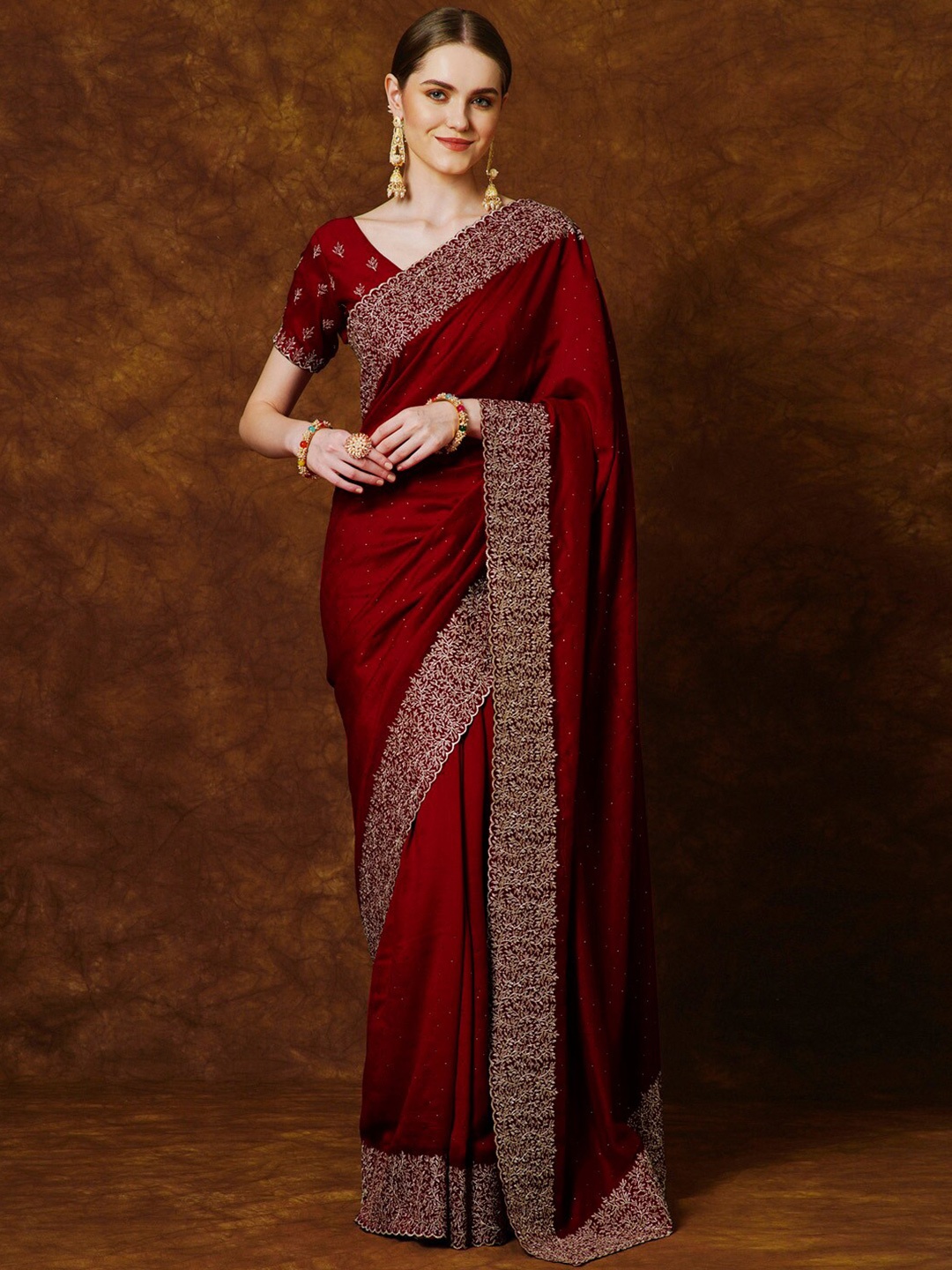 

Anouk Ethnic Motifs Embellished Beads and Stones Saree, Maroon