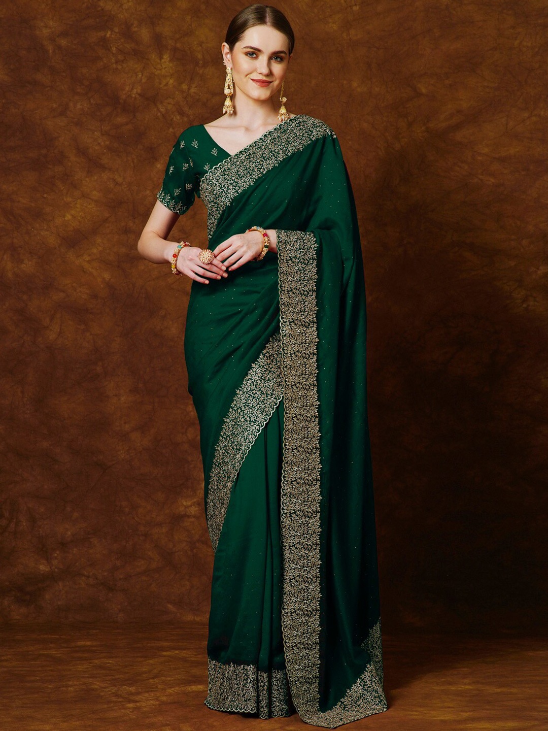 

Anouk Ethnic Motifs Embellished Beads and Stones Saree, Green