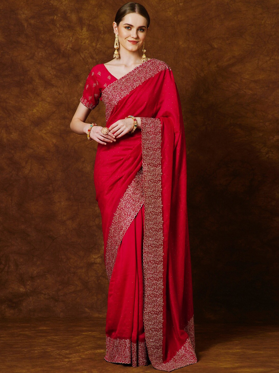 

Anouk Ethnic Motifs Embellished Beads and Stones Saree, Pink