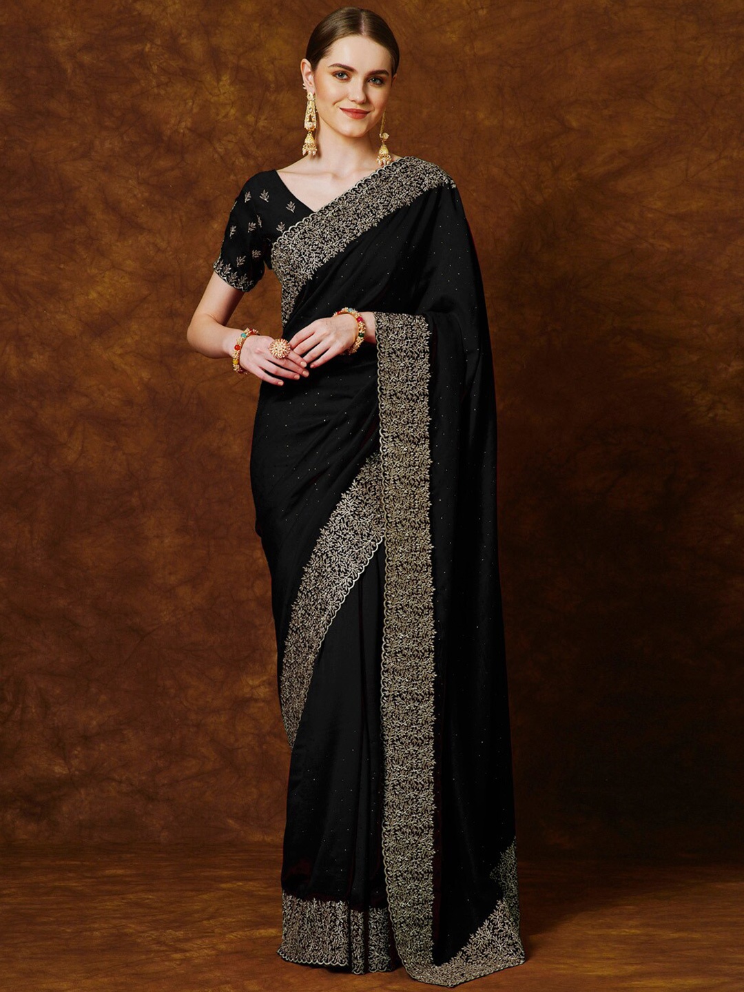 

Anouk Ethnic Motifs Embellished Beads and Stones Saree, Black
