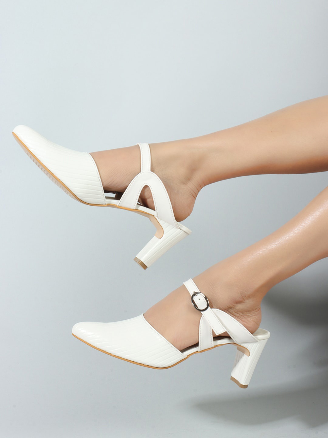 

ICONICS Textured Pointed Toe Block Heeled Mary Janes, White