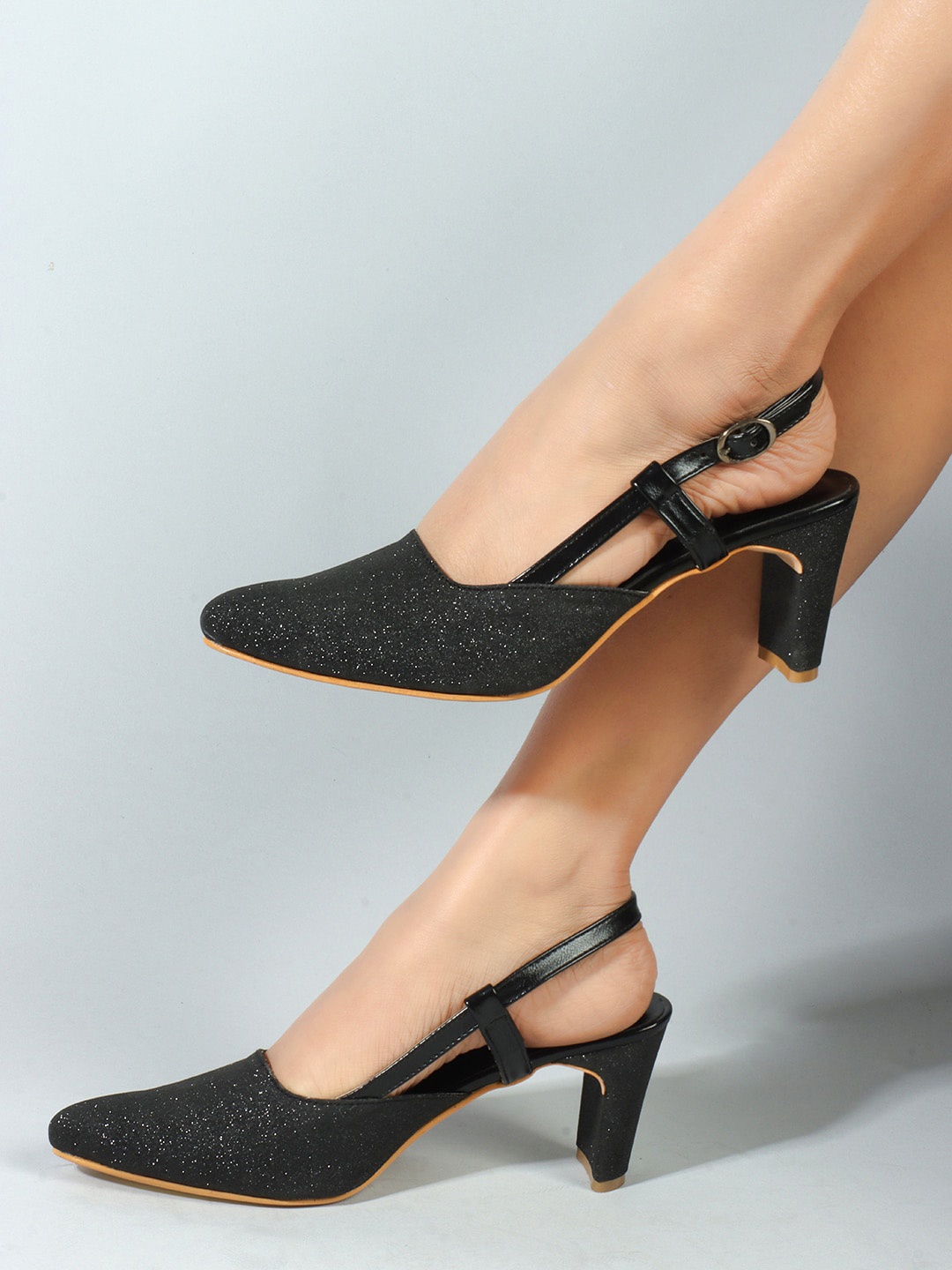 

ICONICS Embellished Pointed Toe Block Heeled Pumps, Black