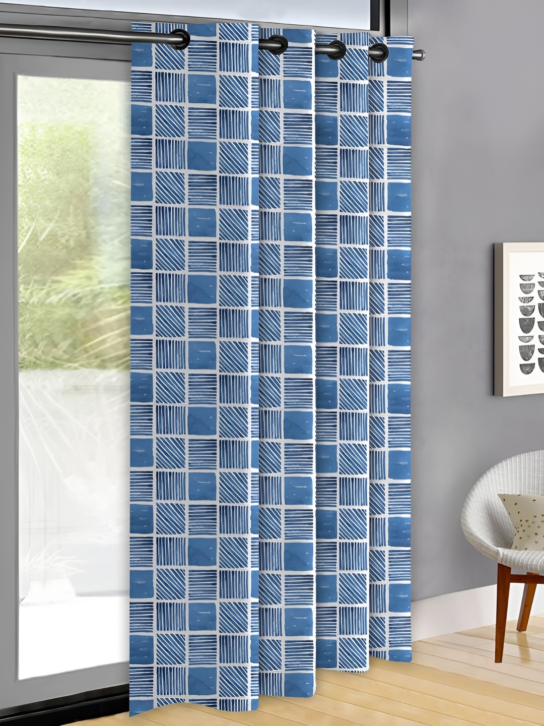 

OASIS Blue & White Checked Printed Door Curtain