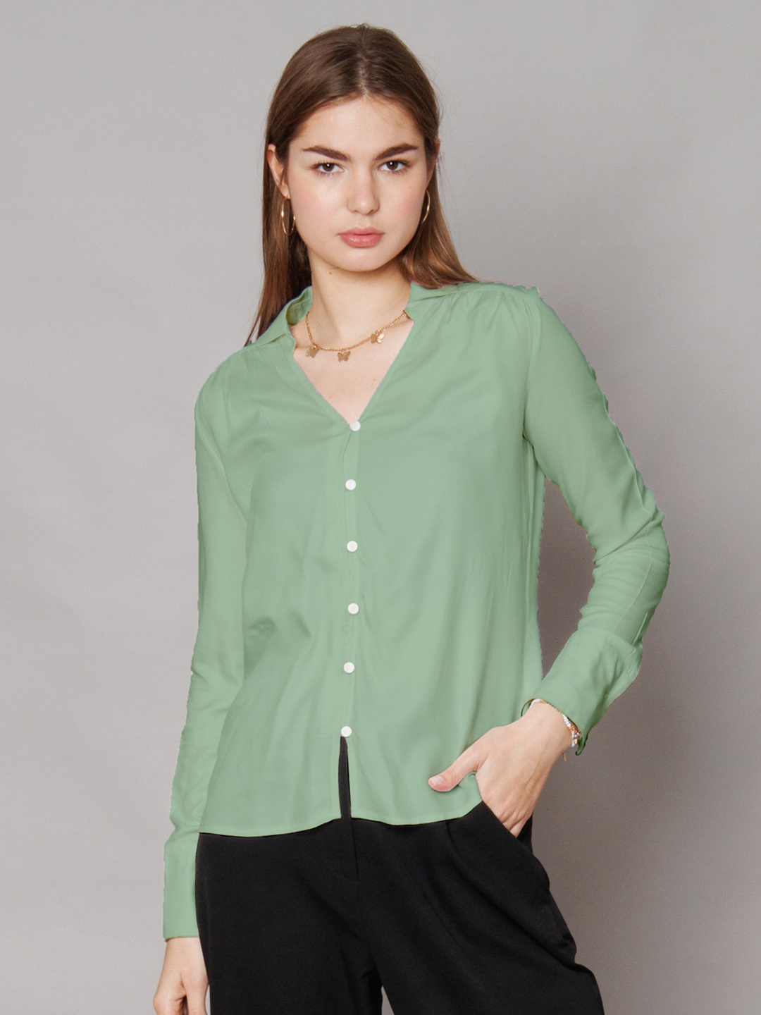 

Zink Studio Spread Collar Long Sleeves Slim Fit Casual Shirt, Green