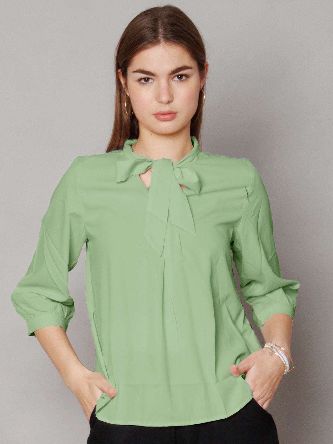 

Zink Studio Tie-Up Neck Cuffed Sleeves Top, Green