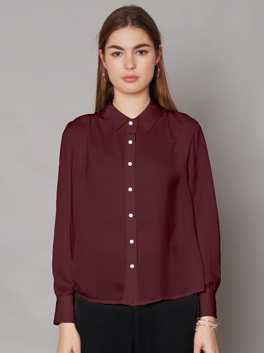 

Zink Studio Spread Collar Long Sleeves Slim Fit Casual Shirt, Maroon