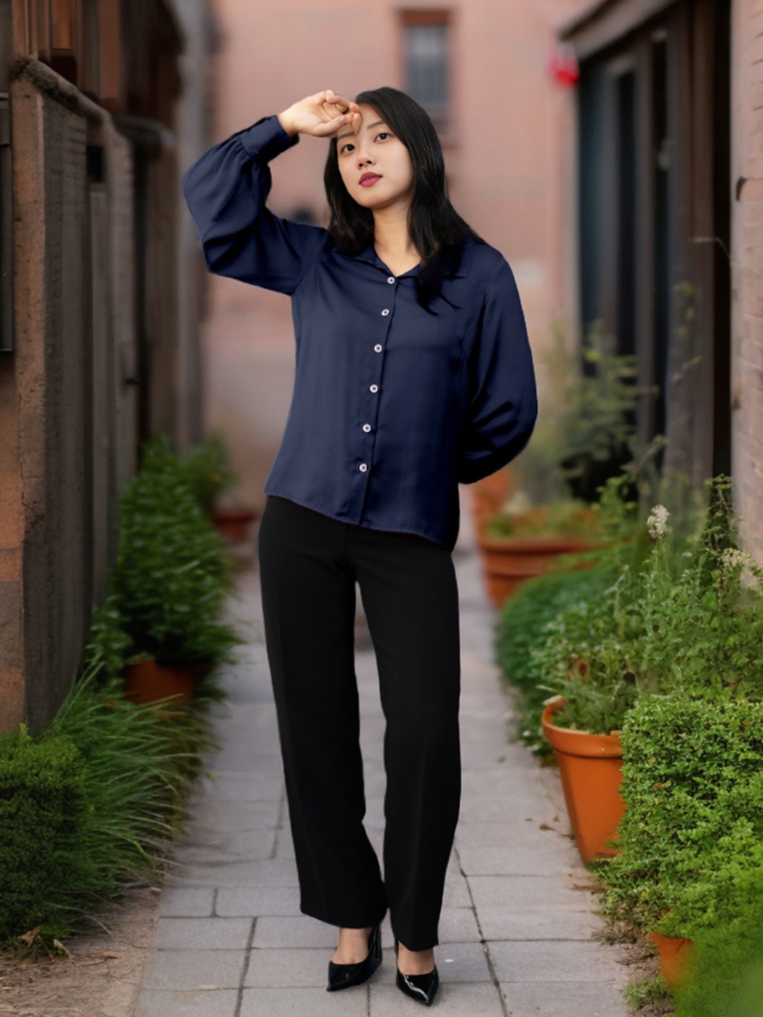 

Zink Studio Spread Collar Long Sleeves Regular Fit Casual Shirt, Navy blue