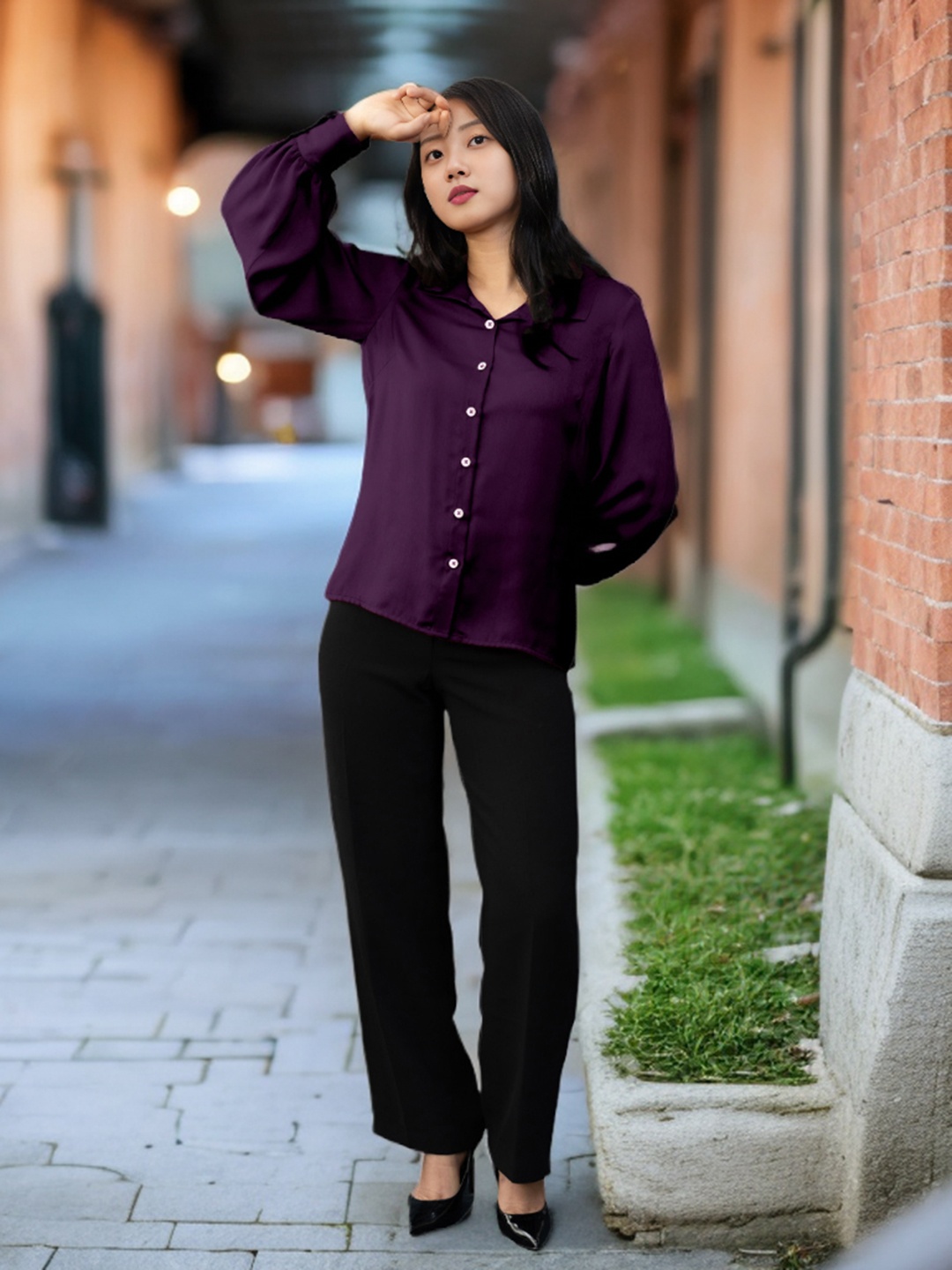 

Zink Studio Spread Collar Long Sleeves Regular Fit Casual Shirt, Purple