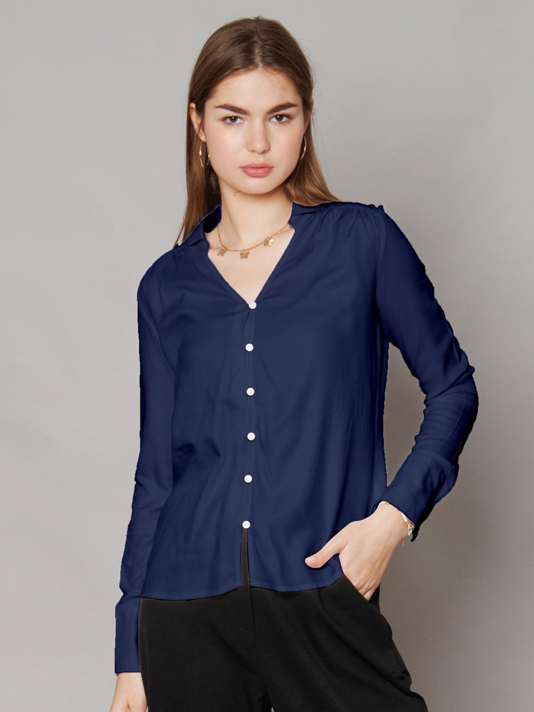 

Zink Studio Spread Collar Long Sleeves Slim Fit Casual Shirt, Navy blue