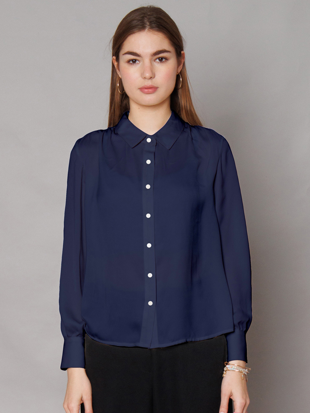 

Zink Studio Spread Collar Long Sleeves Slim Fit Casual Shirt, Navy blue