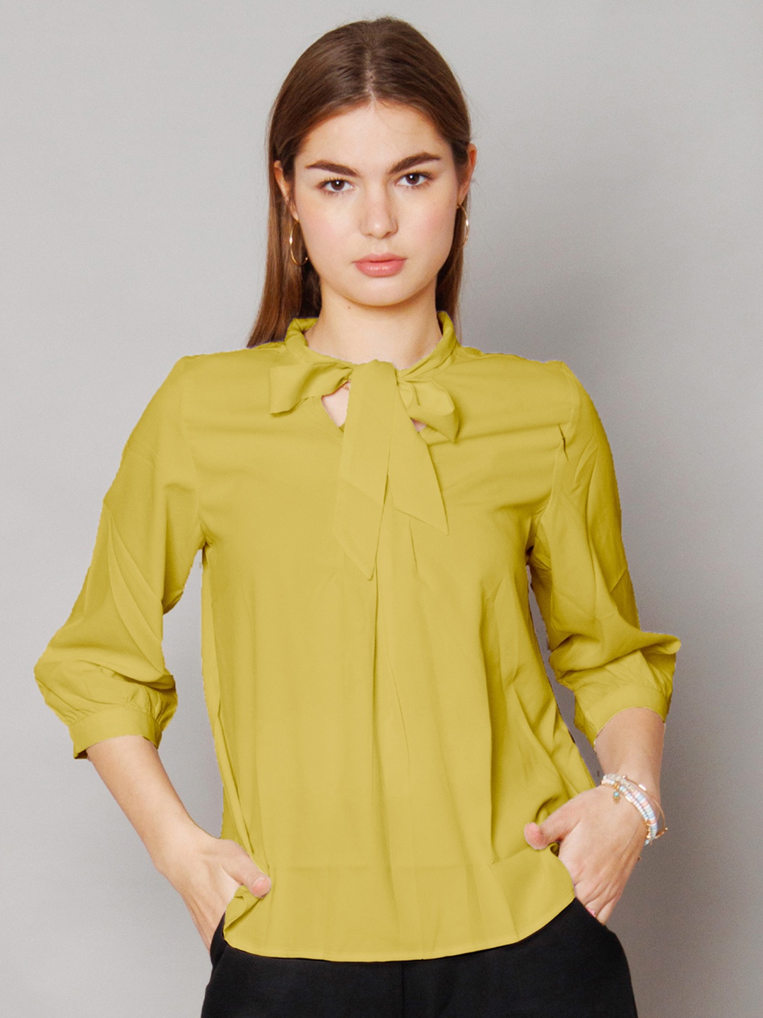 

Zink Studio Tie-Up Neck Cuffed Sleeves Top, Yellow