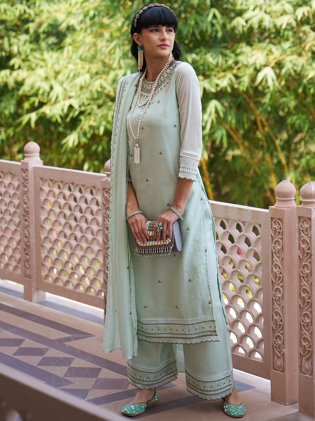 

Sangria Designer Worked Round Neck Straight Kurta With Trousers & Dupatta, Green