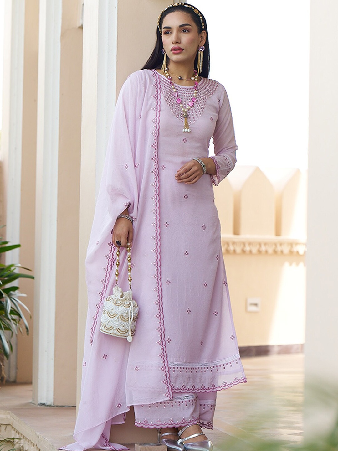 

Sangria Sequence Embroidered Round Neck Georgette Kurta With Trousers & Dupatta, Pink
