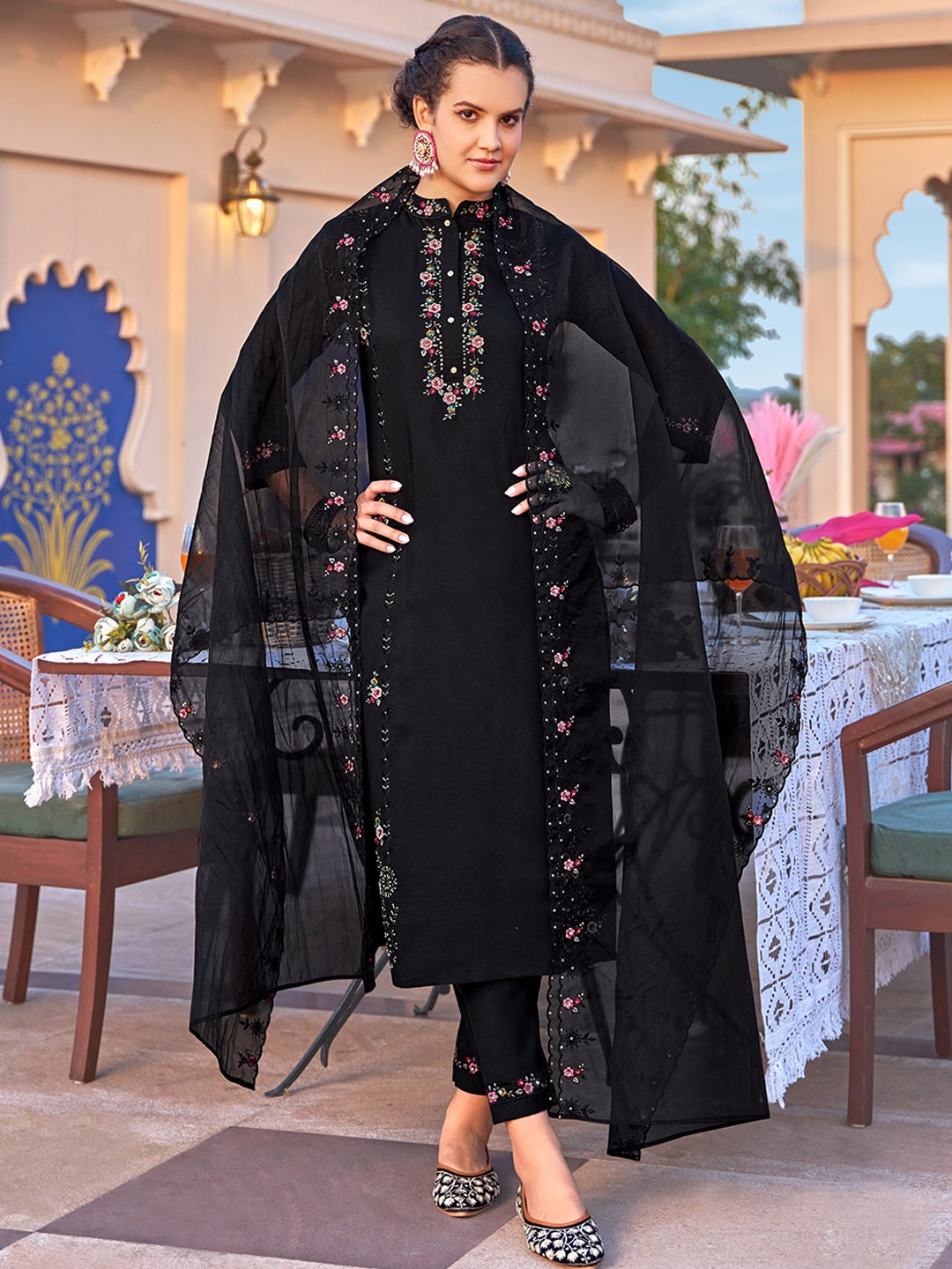 

Sangria Floral Embroidered Mandarin Collar Straight Kurta With Trousers & Dupatta, Black