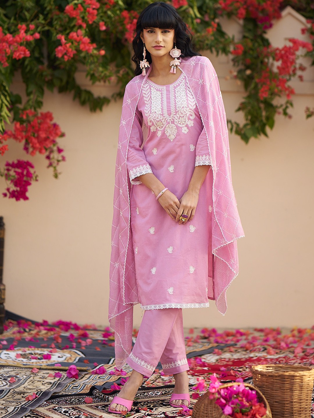 

Sangria Lucknowi Worked Pure Cotton Round-Neck Straight Kurta With Trousers & Dupatta, Pink