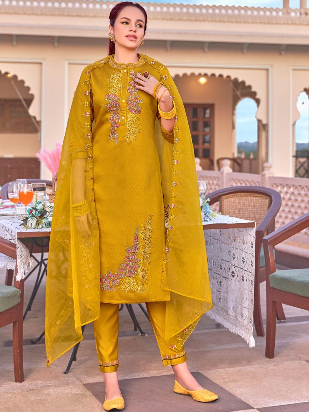 

Sangria Floral Embroidered Mandarin Collar Straight Kurta With Trousers & Dupatta, Yellow