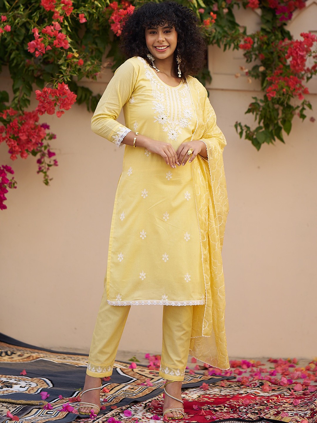

Sangria Lucknowi Worked Pure Cotton Round Neck Straight Kurta With Trousers & Dupatta, Yellow