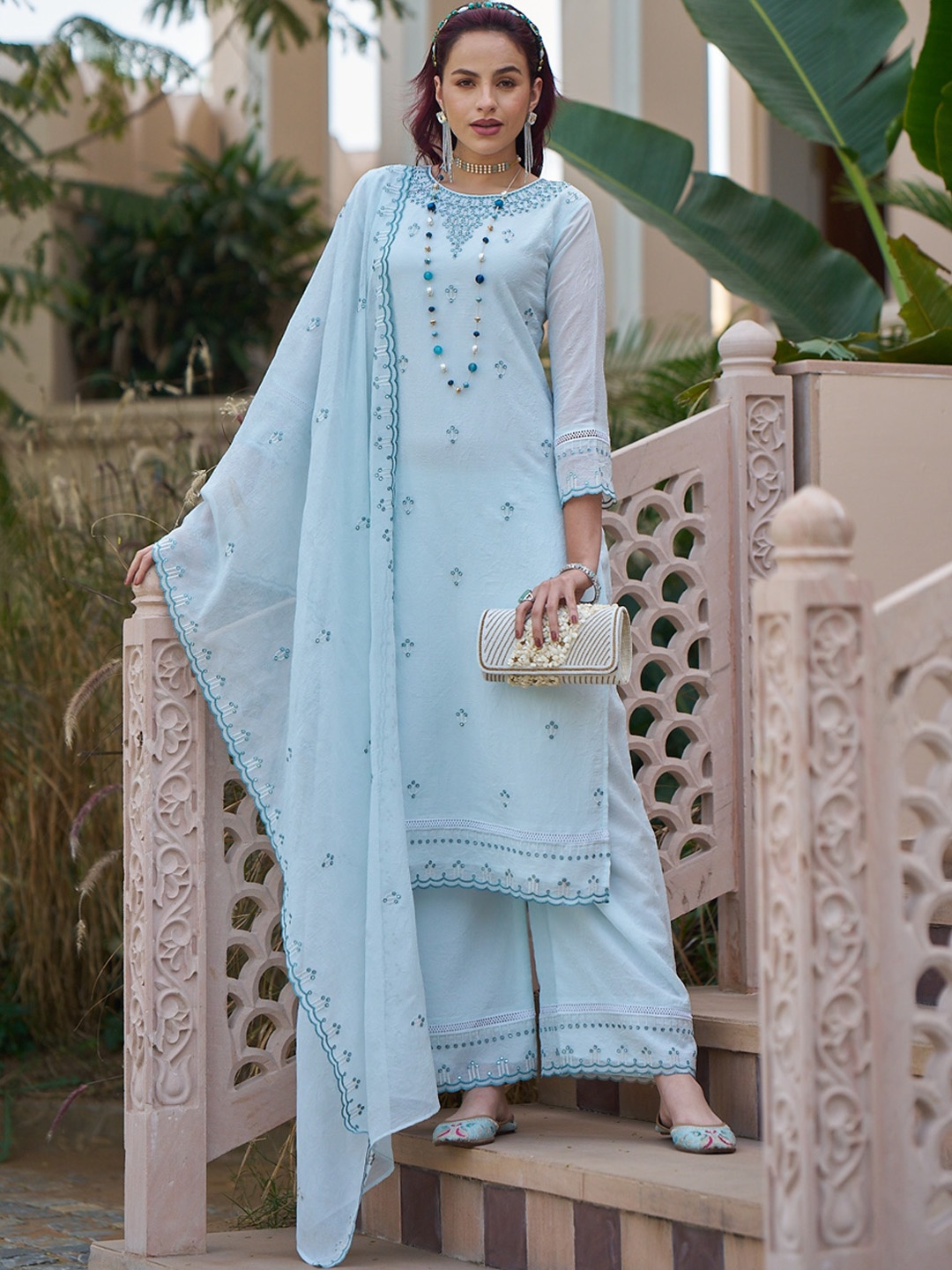 

Sangria Sequin Embroidered Round Neck Straight Kurta With Trousers & Dupatta, Blue