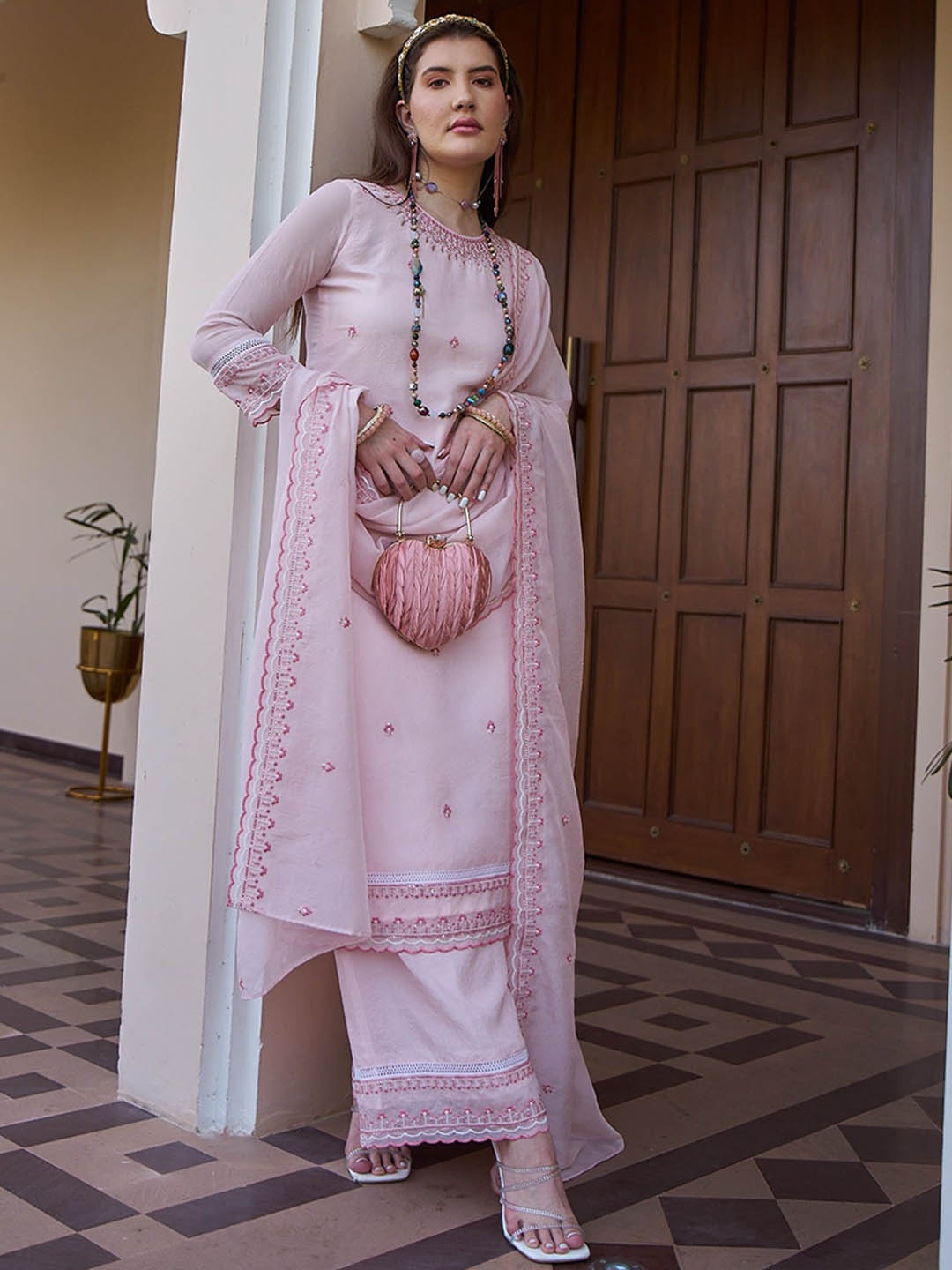 

Sangria Embroidered Round Neck Straight Kurta With Trousers & Dupatta, Rose