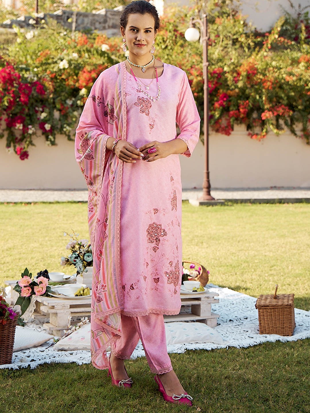 

Sangria Digital Printed Applique Work Round-Neck Straight Kurta With Trousers & Dupatta, Peach