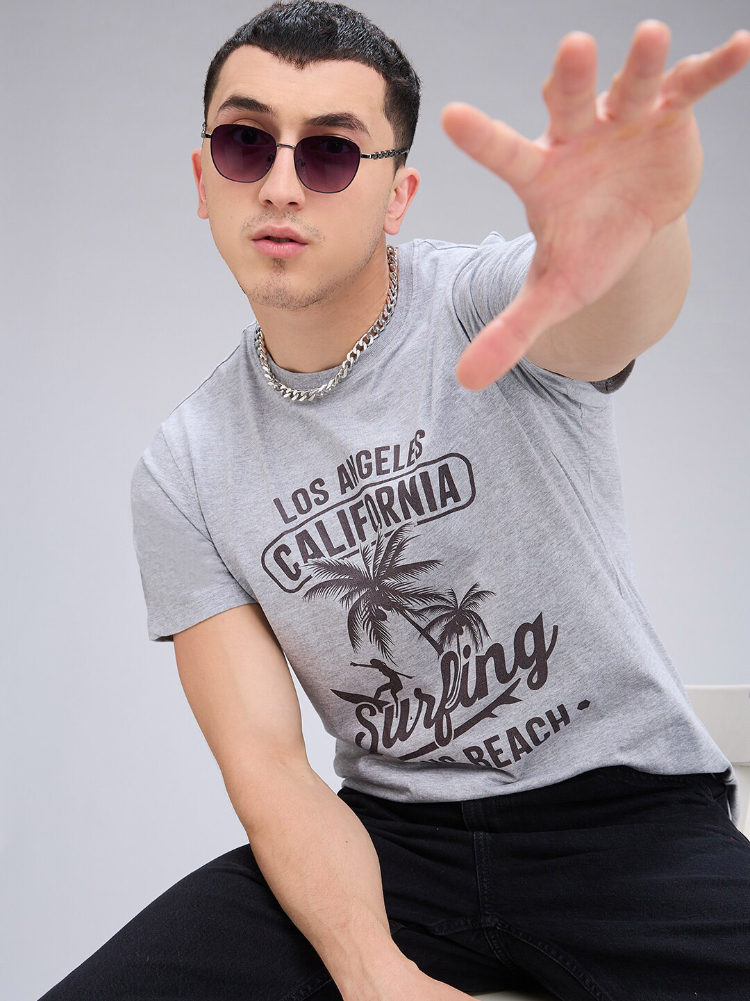 

NOIRA Typography Printed Round Neck Regular Sleeves Cotton T-shirt, Grey