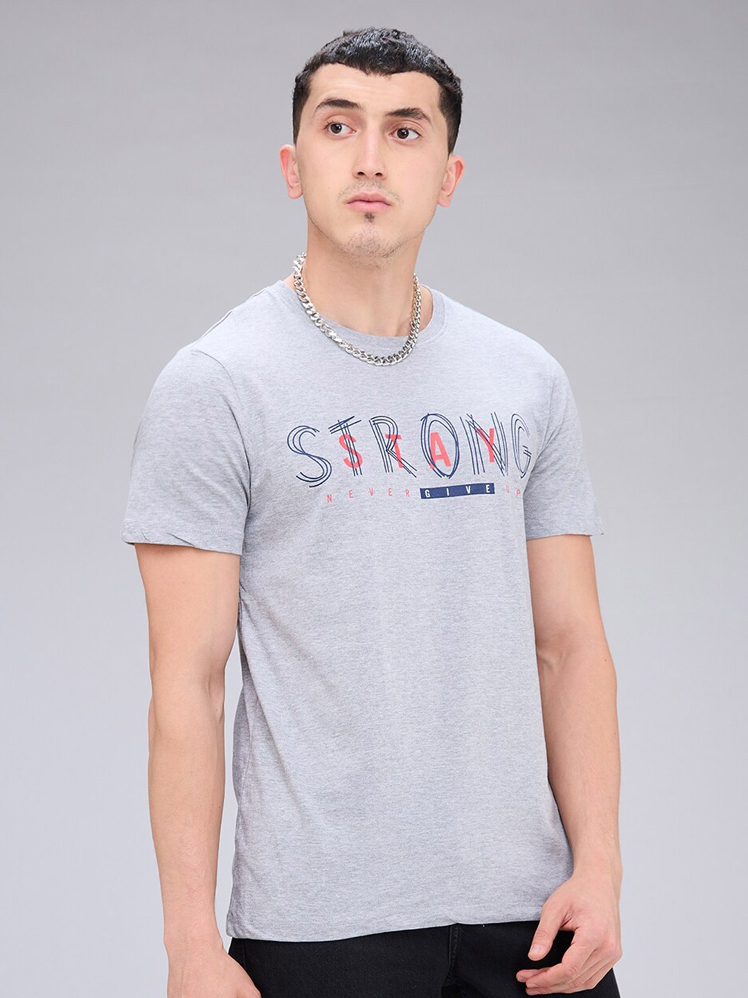 

NOIRA Typography Printed Cotton Round Neck Short Sleeves Casual T-shirt, Grey
