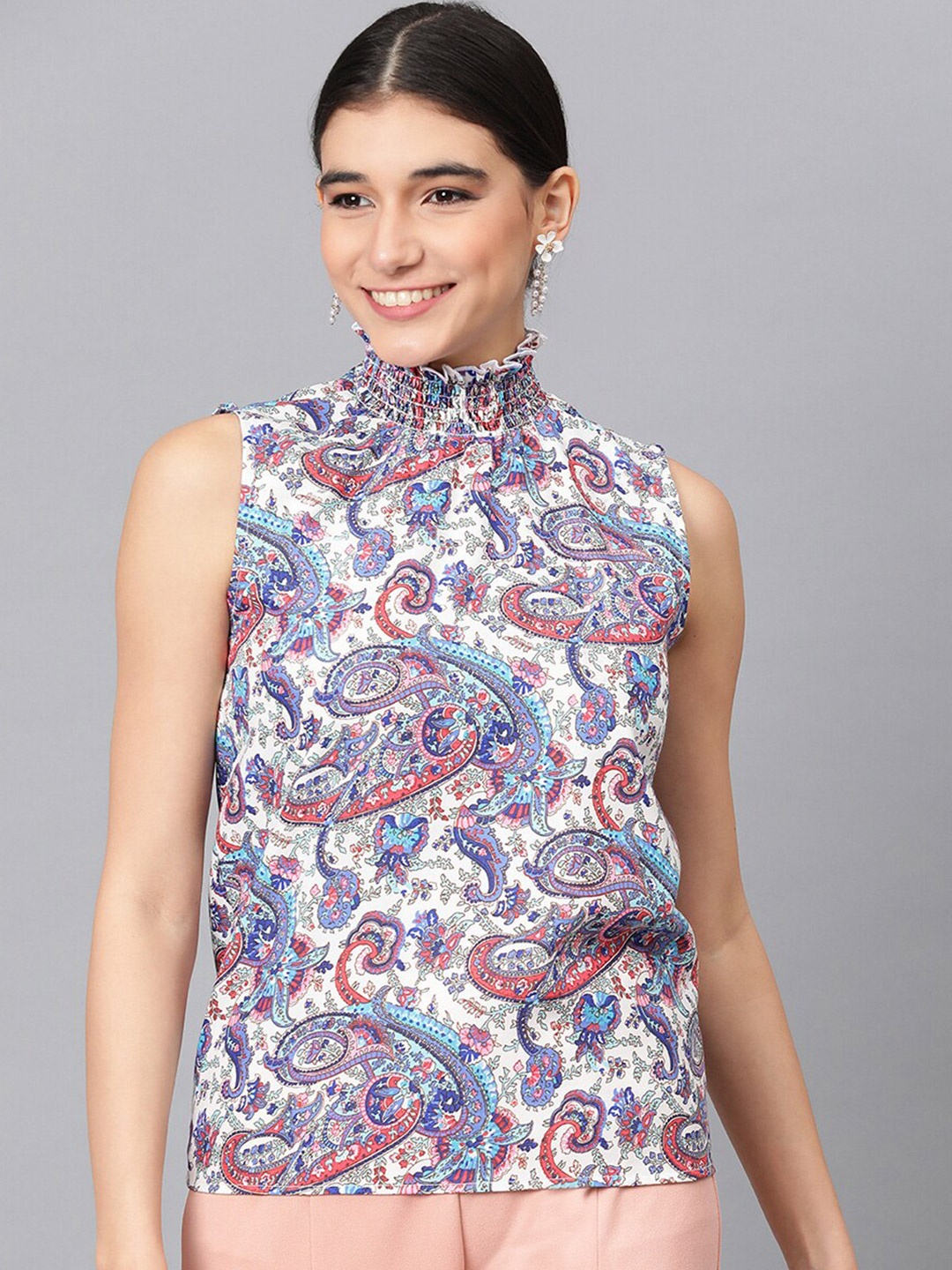

Kotty White Floral Printed High Neck Crepe Top, Multi