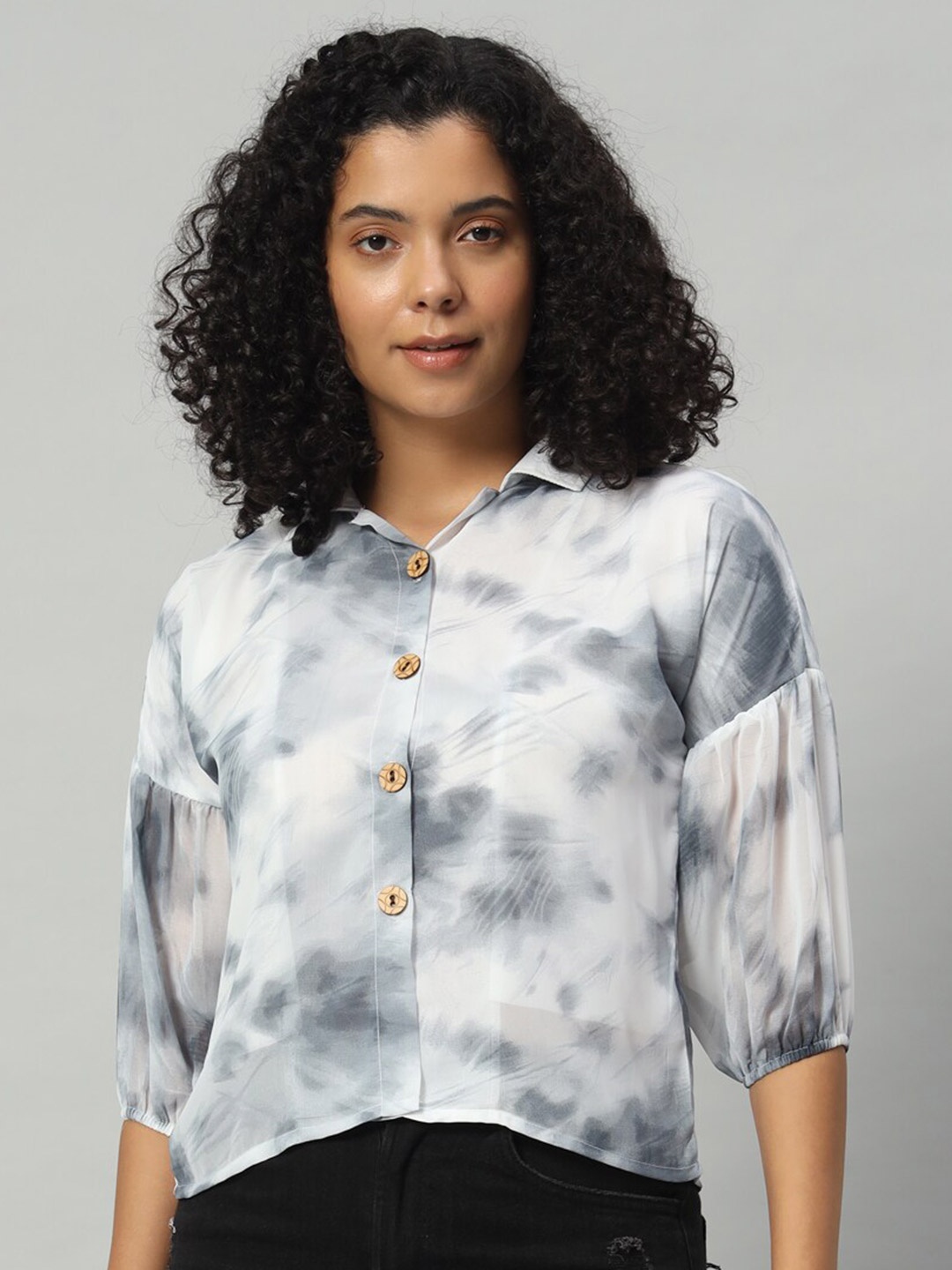 

Funday Fashion Boxy Tie & Dye Cuban Collar Puff Sleeves Crop Casual Shirt, Black