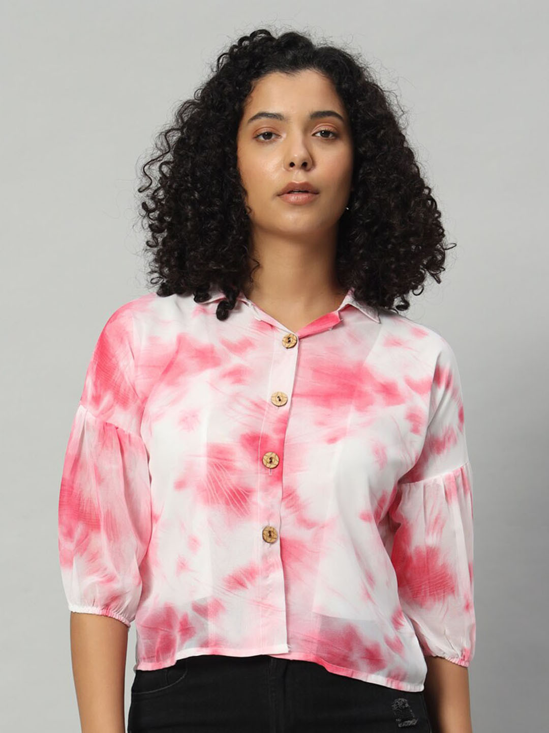 

Funday Fashion Boxy Tie & Dye Dyed Puff Sleeves Georgette Casual Shirt, Red