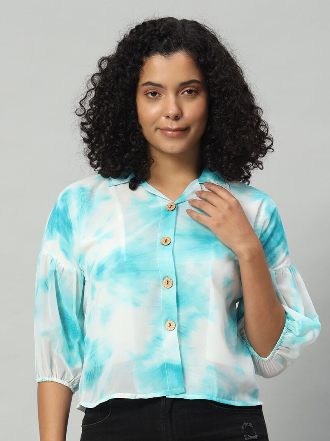 

Funday Fashion Boxy Tie & Dye Cuban Collar Puff Sleeves Crop Casual Shirt, Blue