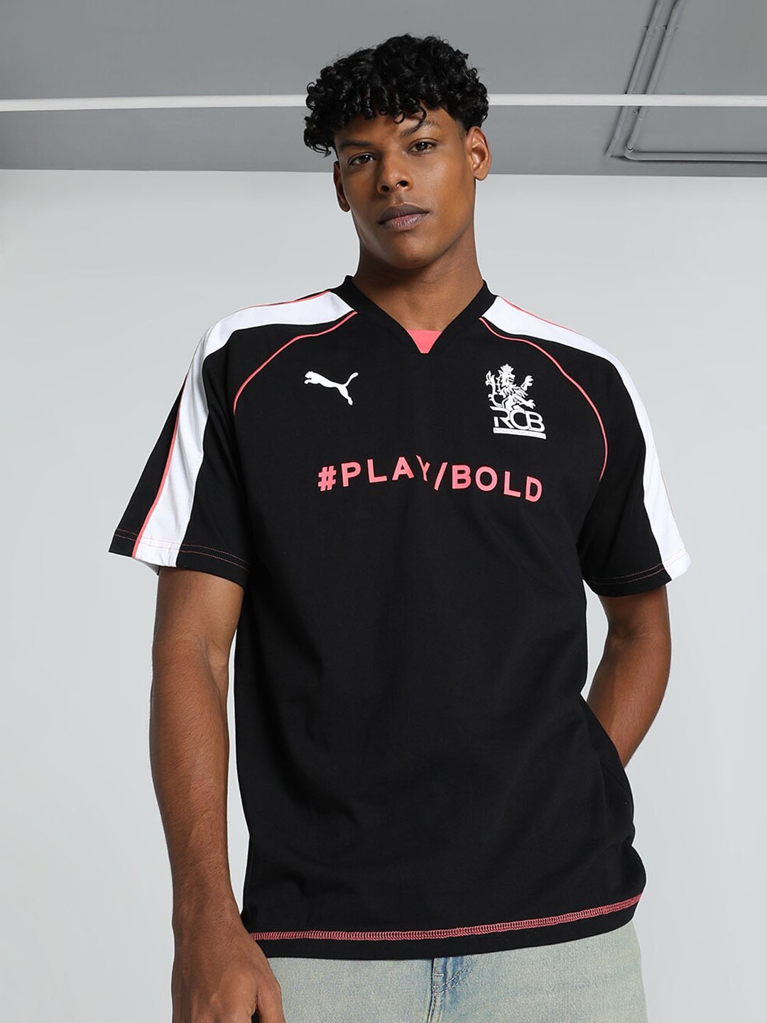 

Puma x RCB Graphic Printed Cotton V-Neck T-shirt, Black