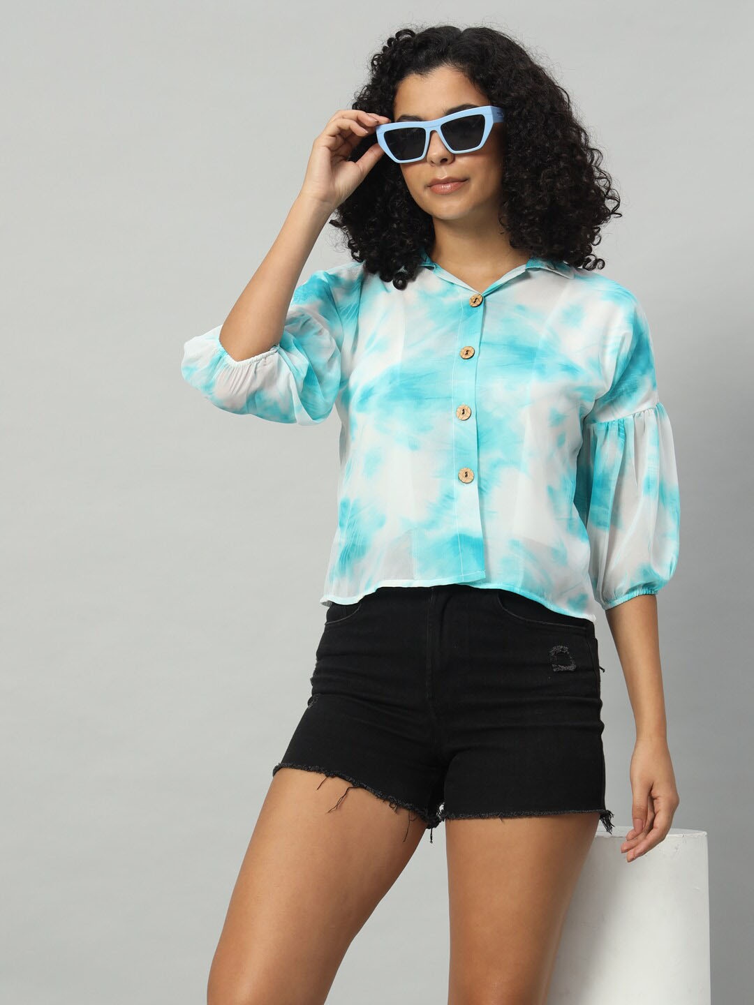 

Funday Fashion Boxy Tie & Dye Cuban Collar Puff Sleeves Crop Casual Shirt, Blue