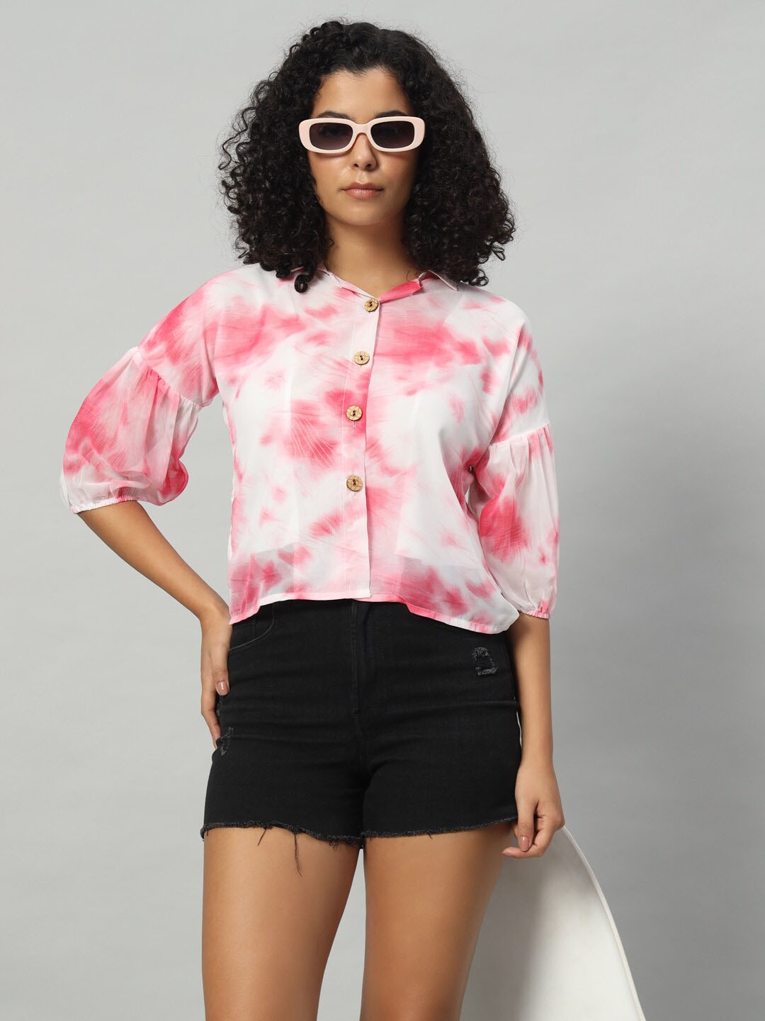 

Funday Fashion Boxy Tie & Dye Cuban Collar Puff Sleeves Crop Casual Shirt, Red