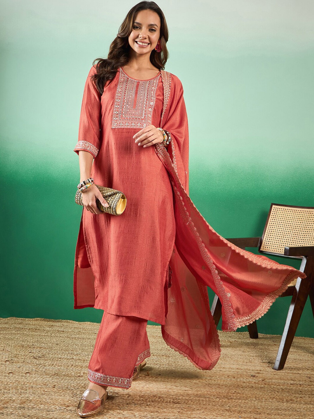 

Sangria Sequence & Zari Embroidered Round Neck Kurta With Trousers & Dupatta, Rust