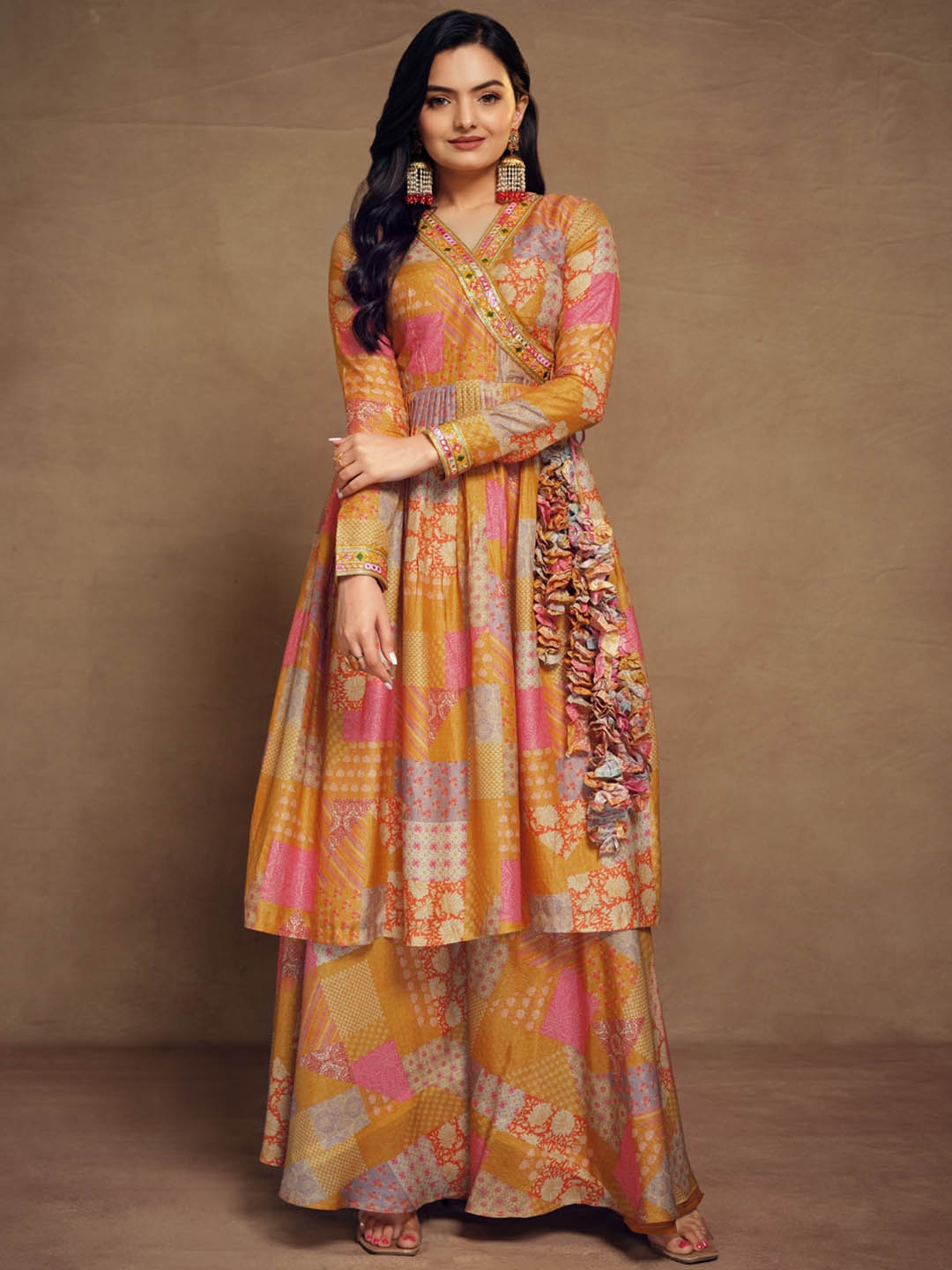 

Fusionic Ethnic Motifs Printed Zari Tasseled Mirror Work Angrakha Kurta With Palazzo, Mustard