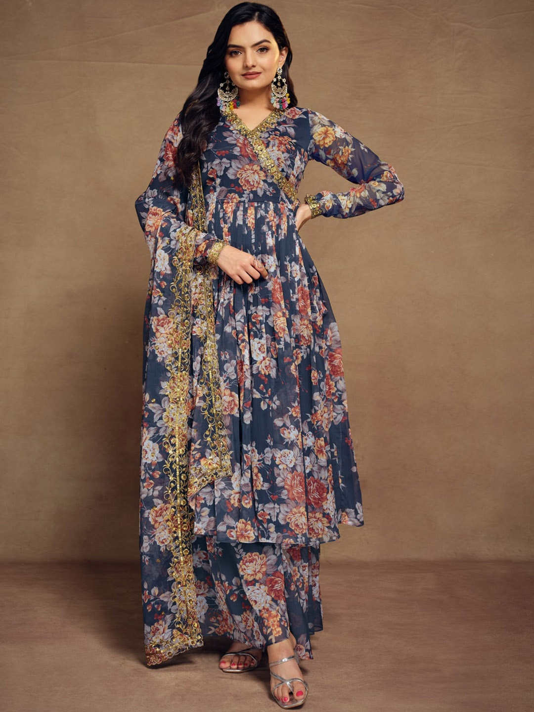 

Fusionic Floral Printed Zari Angrakha Kurta With Palazzos & Dupatta, Navy blue