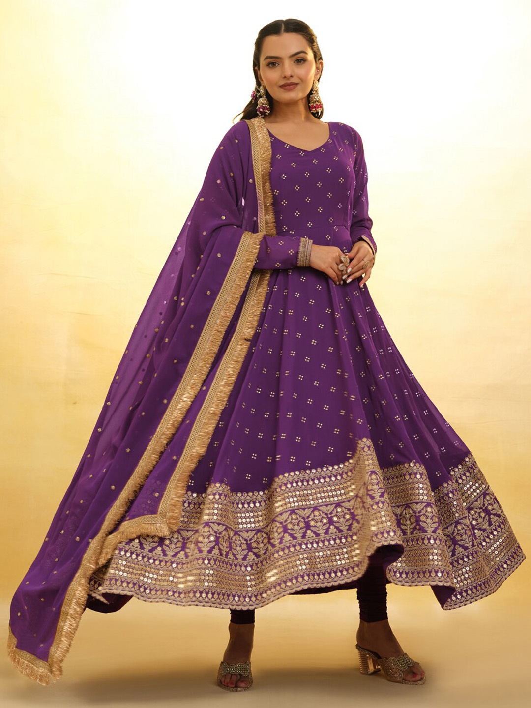 

Fusionic Ethnic Motifs Printed Anarkali Kurta With Churidar & Dupatta, Purple