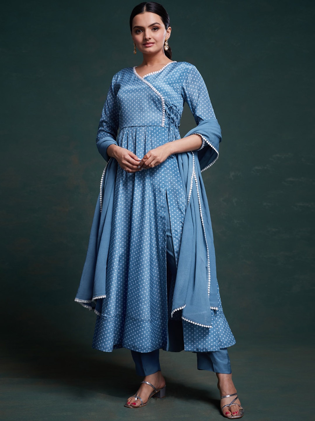 

Fusionic Bandhani Printed Lace Angrakha Kurta With Trousers & Dupatta, Blue