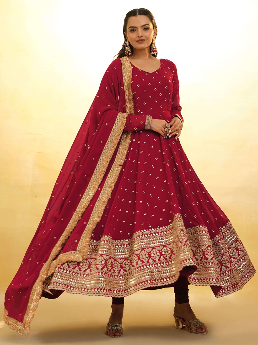 

Fusionic Ethnic Motifs Printed Anarkali Kurta With Churidar & Dupatta, Red