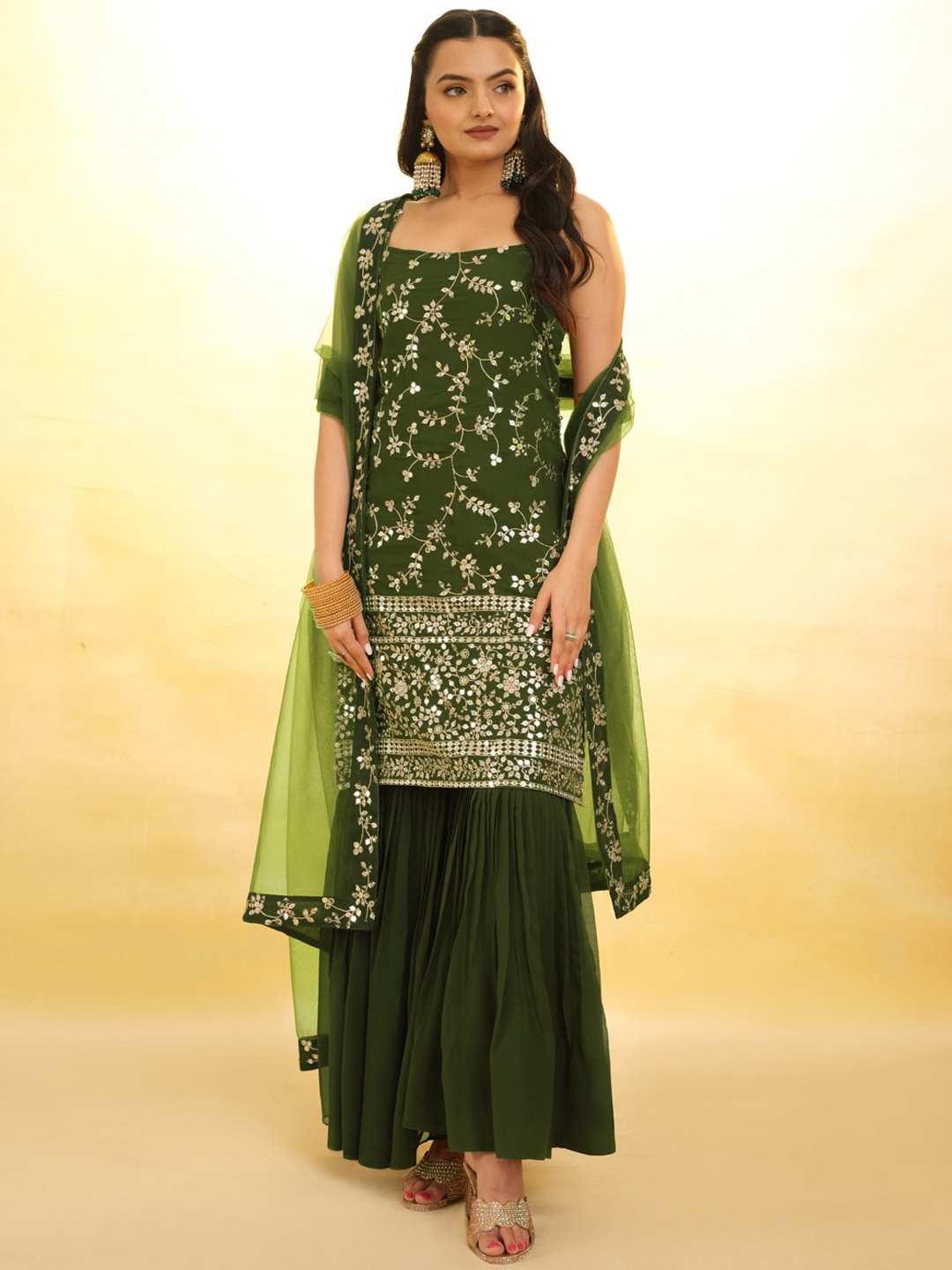 Fusionic Ethnic Motifs Embroidered Sequinned Kurta With Sharara & Dupatta, Olive